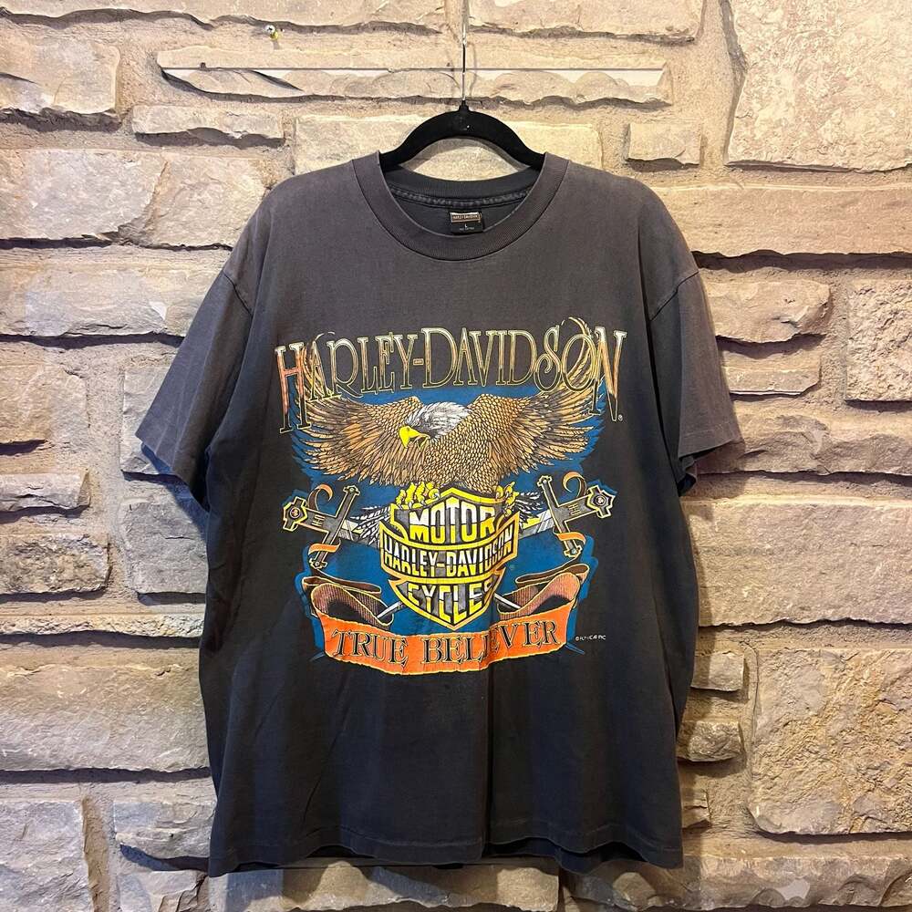 Vintage 90s Harley-Davidson True Believer Eagle Graphic T-Shirt insane fader